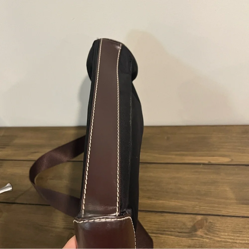 Lancel black nylon messenger crossbody bag with brown leather trim